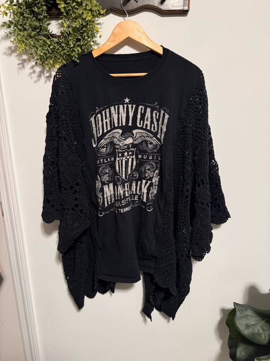 Johnny Cash Tops - Upcycled Johnny Cash Black Graphic Tee with Crochet Cardigan Sleeves